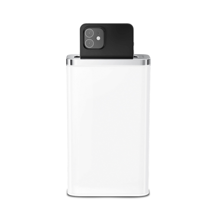 Simplehuman White Cleanstation, UV-C device sanitizer with phone partially inserted.